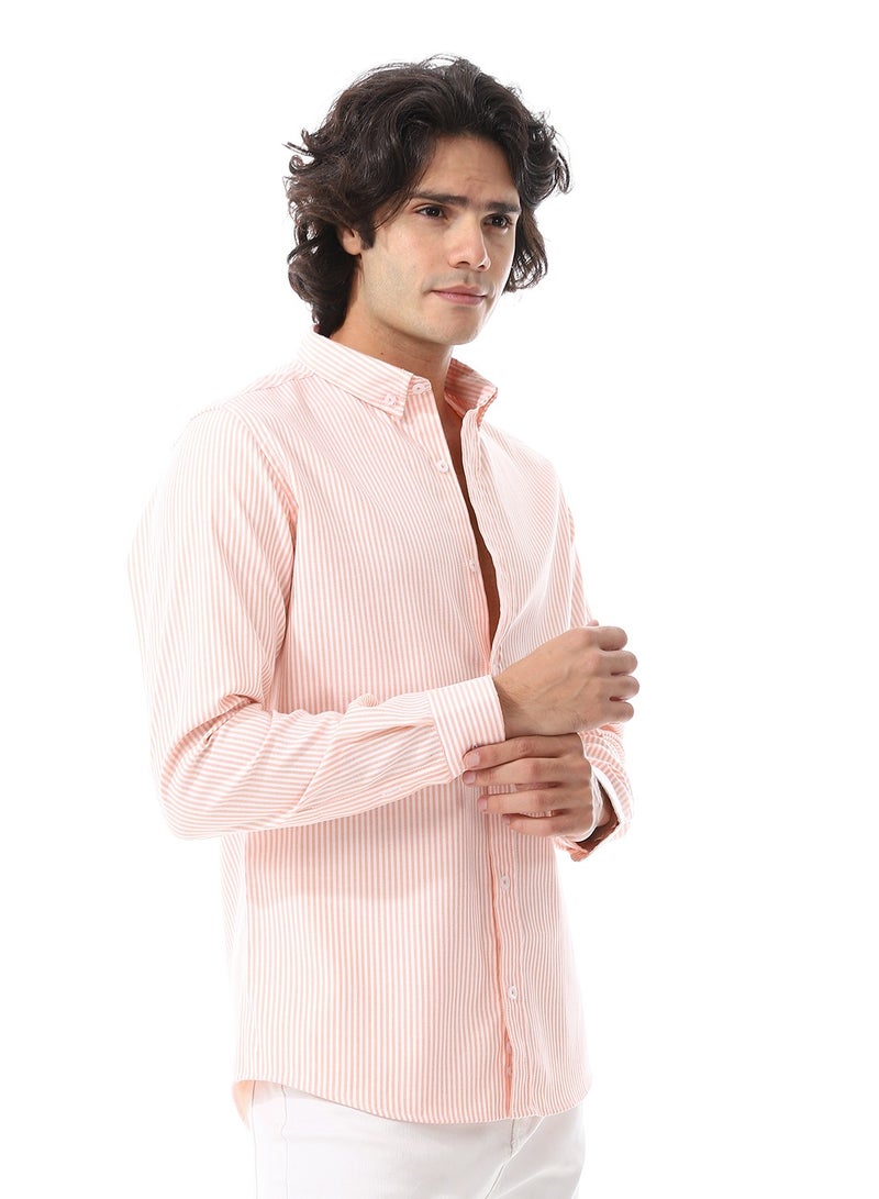 Andora Candy Stripes Pattern Turn Down Collar Oxford Shirt_ White & Orange - Image 2