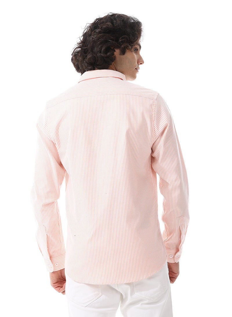 Andora Candy Stripes Pattern Turn Down Collar Oxford Shirt_ White & Orange - Image 3