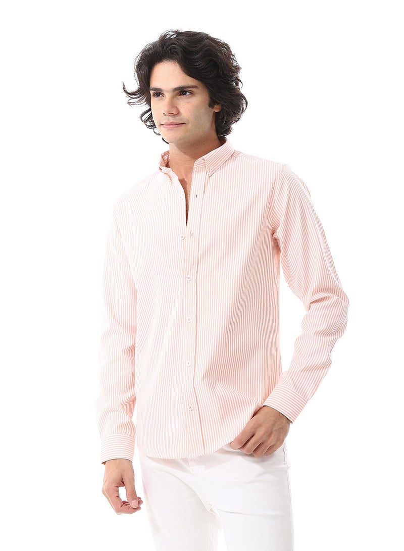 Andora Candy Stripes Pattern Turn Down Collar Oxford Shirt_ White & Orange - Image 1