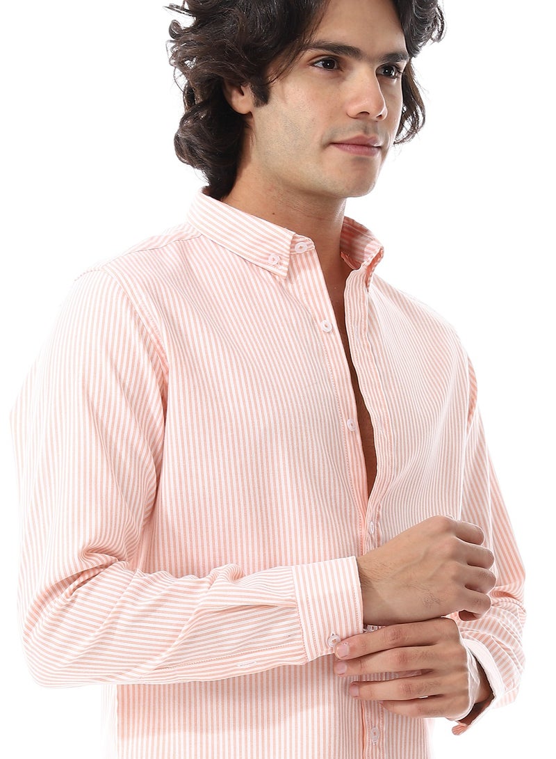 Andora Candy Stripes Pattern Turn Down Collar Oxford Shirt_ White & Orange - Image 5