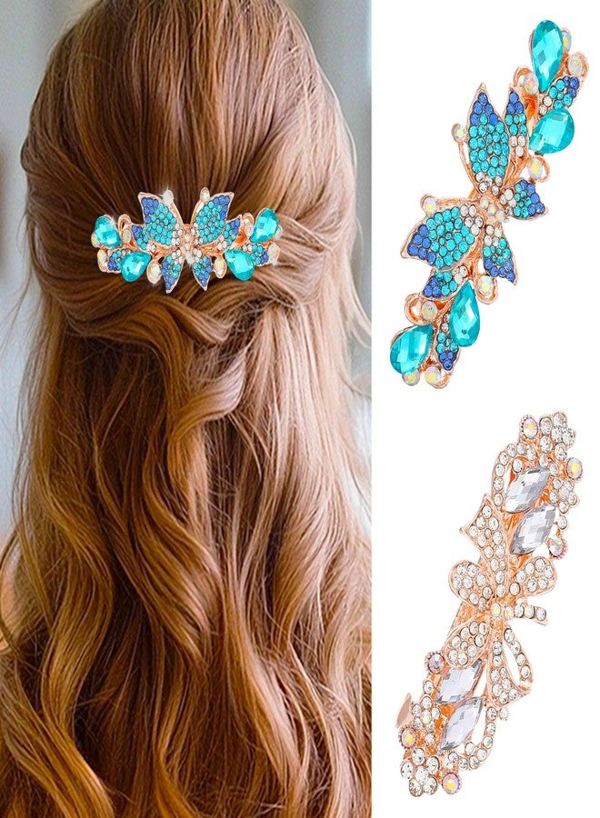 EASEDAILY Rhinestone French Hair Barrettes Gold Crystal Hair Barrette Clips Sparkly Butterfly Bow Hair Accessories for Women (Pack of 2) (Blue and Silver) - Image 1