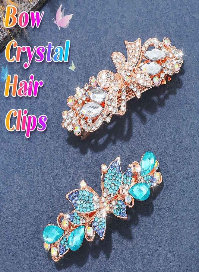 EASEDAILY Rhinestone French Hair Barrettes Gold Crystal Hair Barrette Clips Sparkly Butterfly Bow Hair Accessories for Women (Pack of 2) (Blue and Silver) - Image 2