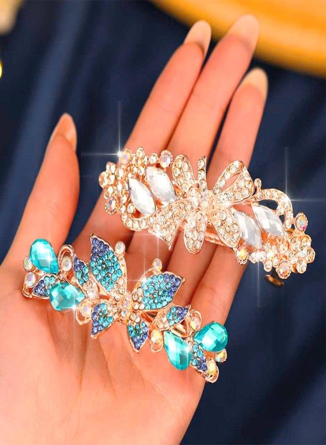 EASEDAILY Rhinestone French Hair Barrettes Gold Crystal Hair Barrette Clips Sparkly Butterfly Bow Hair Accessories for Women (Pack of 2) (Blue and Silver) - Image 4