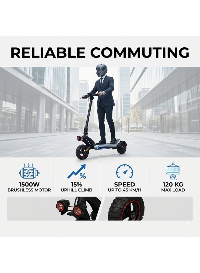 Crony Electric Scooter Adults Dual Suspension Long Range,1500W Motor, 45 km/h Speed, 45 km Range, 120 kg Max Load, App Control, LED Display, Dual Disc Brakes - Image 5