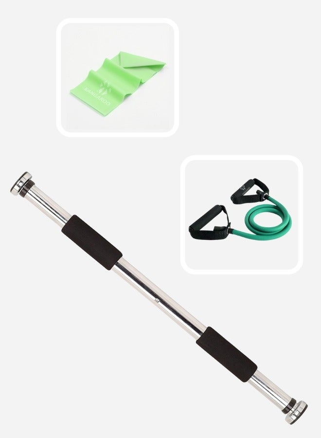 كانجرو مجموعة رياضية من كانجرو لعقلة الباب مع حبل مقاومة أخضر فردي وشريط مطاطي أخضر – طقم تمرين منزلي لتقوية العضلات والمرونة وكامل الجسم