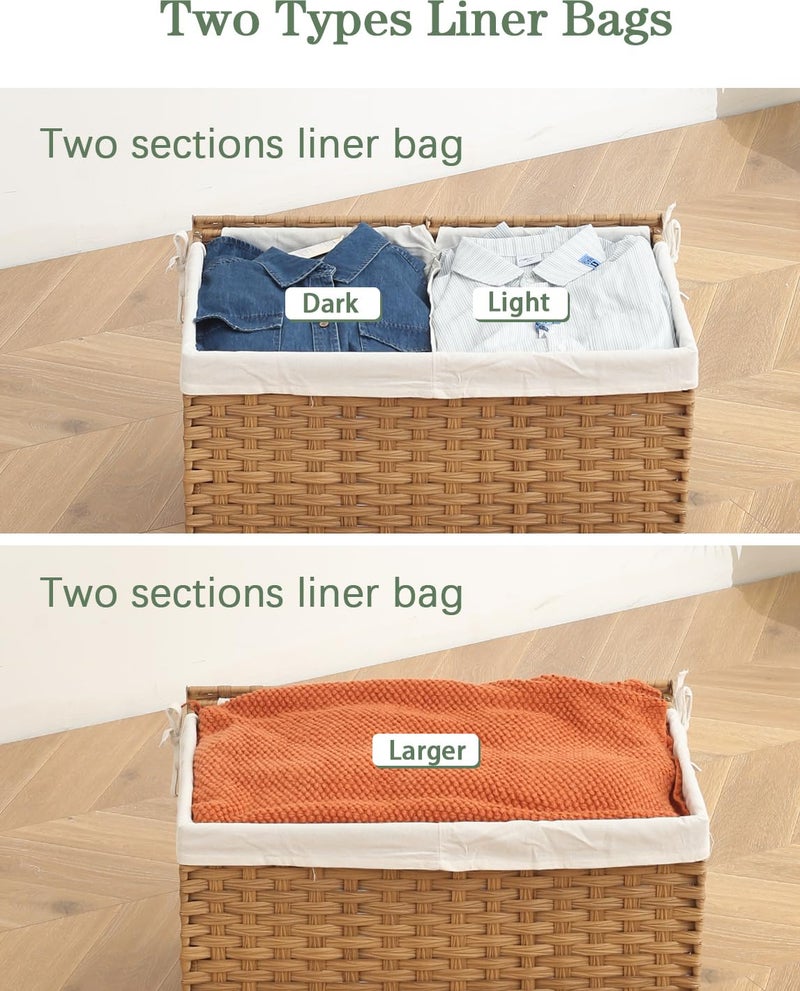 SETVSON Storage Basket with Lid Wicker Baskets for Storage with 2 Separate Lid 42.3 Gallon (160 L) 29.9 x 17.3 x 18.1 Inches Rattan Woven Large Wicker Basket with 2 Liners for Bedroom Laundry Natural - Image 5