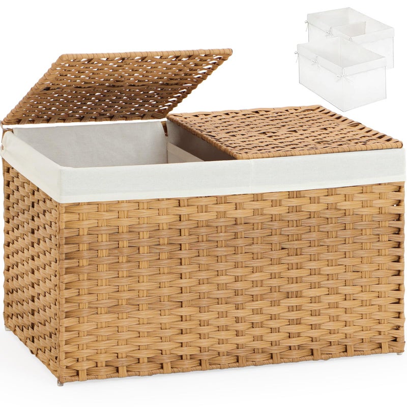 SETVSON Storage Basket with Lid Wicker Baskets for Storage with 2 Separate Lid 42.3 Gallon (160 L) 29.9 x 17.3 x 18.1 Inches Rattan Woven Large Wicker Basket with 2 Liners for Bedroom Laundry Natural - Image 1