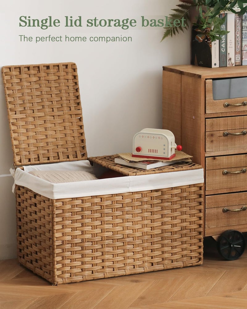 SETVSON Storage Basket with Lid Wicker Baskets for Storage with 2 Separate Lid 42.3 Gallon (160 L) 29.9 x 17.3 x 18.1 Inches Rattan Woven Large Wicker Basket with 2 Liners for Bedroom Laundry Natural - Image 2