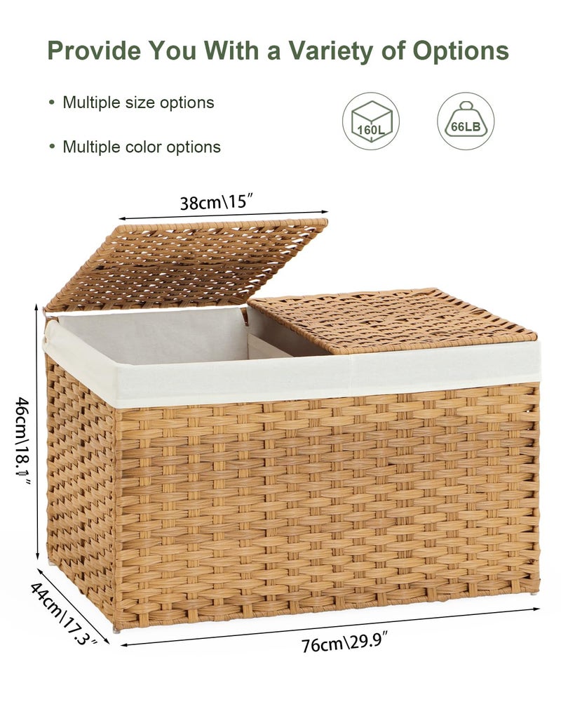 SETVSON Storage Basket with Lid Wicker Baskets for Storage with 2 Separate Lid 42.3 Gallon (160 L) 29.9 x 17.3 x 18.1 Inches Rattan Woven Large Wicker Basket with 2 Liners for Bedroom Laundry Natural - Image 4