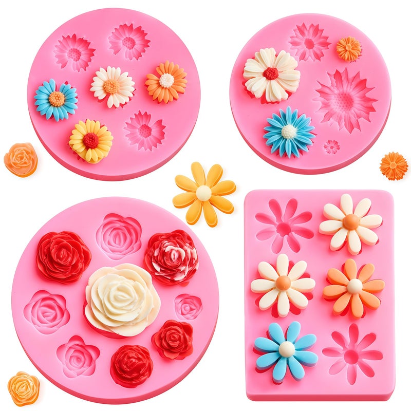 Puyeipt 4 Pcs Flower Silicone Fondant Molds, Daisy Rose Flower Chocolate Candy Molds for Cupcake Topper, Cake Pop Decoration and Clay Craft Making - Image 1