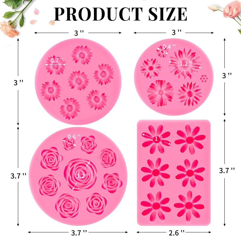Puyeipt 4 Pcs Flower Silicone Fondant Molds, Daisy Rose Flower Chocolate Candy Molds for Cupcake Topper, Cake Pop Decoration and Clay Craft Making - Image 2