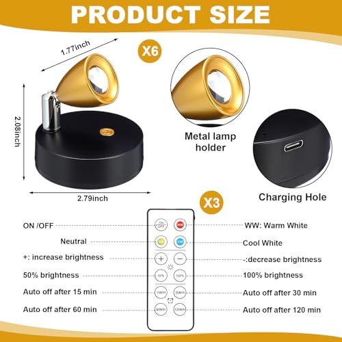 Hortsun 6 Pcs Mini Rechargeable Spotlights with 3 Remote Control Indoor Plant Wireless LED Spot Lights Rotatable Dimmable Accent Picture Lights for Wall Artwork Painting Display (Gold) - Image 2