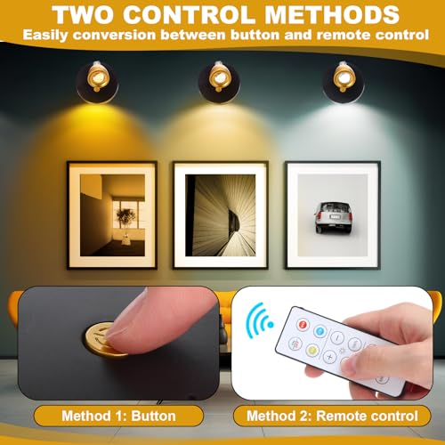 Hortsun 6 Pcs Mini Rechargeable Spotlights with 3 Remote Control Indoor Plant Wireless LED Spot Lights Rotatable Dimmable Accent Picture Lights for Wall Artwork Painting Display (Gold) - Image 5
