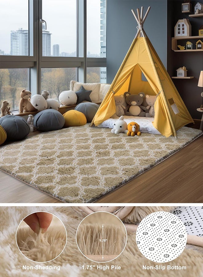 WangPangZi Shag Soft Living Room And Bedroom Rug -160CM Luxurious Geometric Floor Mat With Non-Slip Backing, Large Area Rug Shag Shaggy Carpet Soft Plush Furry Bedside Rugs, Thickness Safe For Bedroom, Playroom, Nursery, Home Decor, Children And Pets, Easy To Clean ( Khaki + White) - Image 1