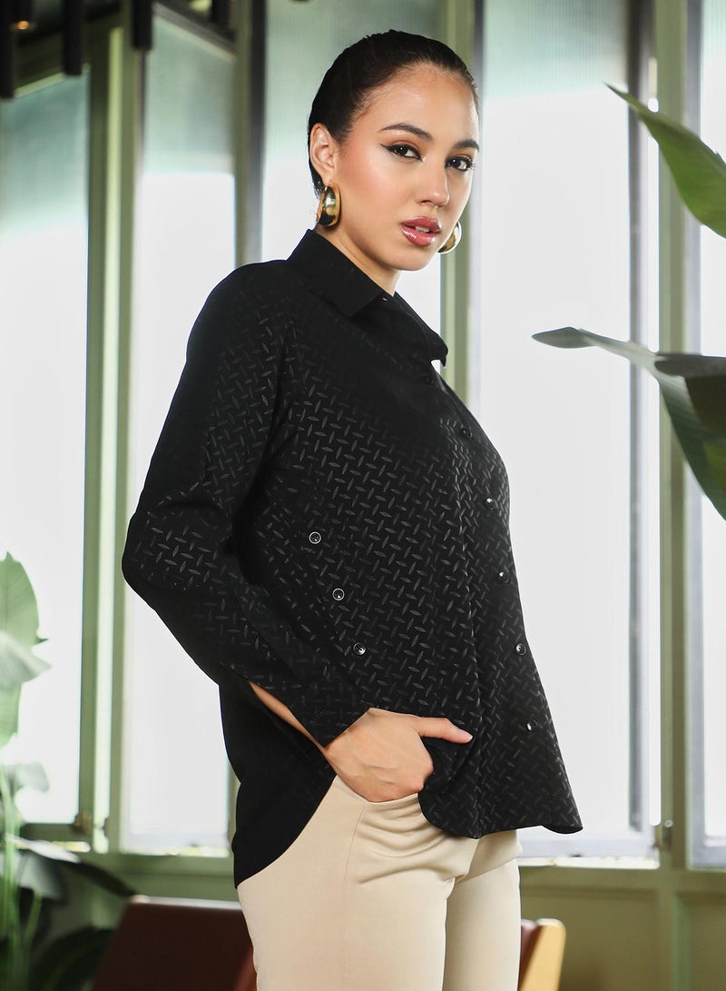 PINACOLADA Women's Onyx Black Marquise-Imprint Curved Shirt - Image 3