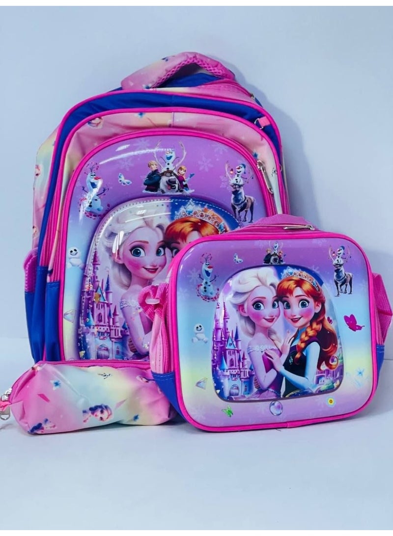 3-in-1 school bag set: includes the backpack, a lunch box, and a pencil case. Features a 3D embossed design on the front and is made of waterproof material; available in various colors and styles. The bag has three zippered compartments and measures 43 cm. - Image 1