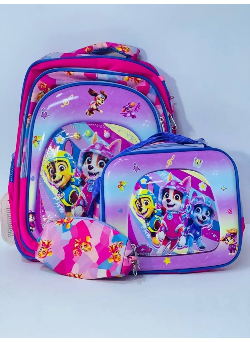 3-in-1 school bag set: includes the backpack, a lunch box, and a pencil case. Features a 3D embossed design on the front and is made of waterproof material; available in various colors and styles. The bag has three zippered compartments and measures 43 cm. - Image 2
