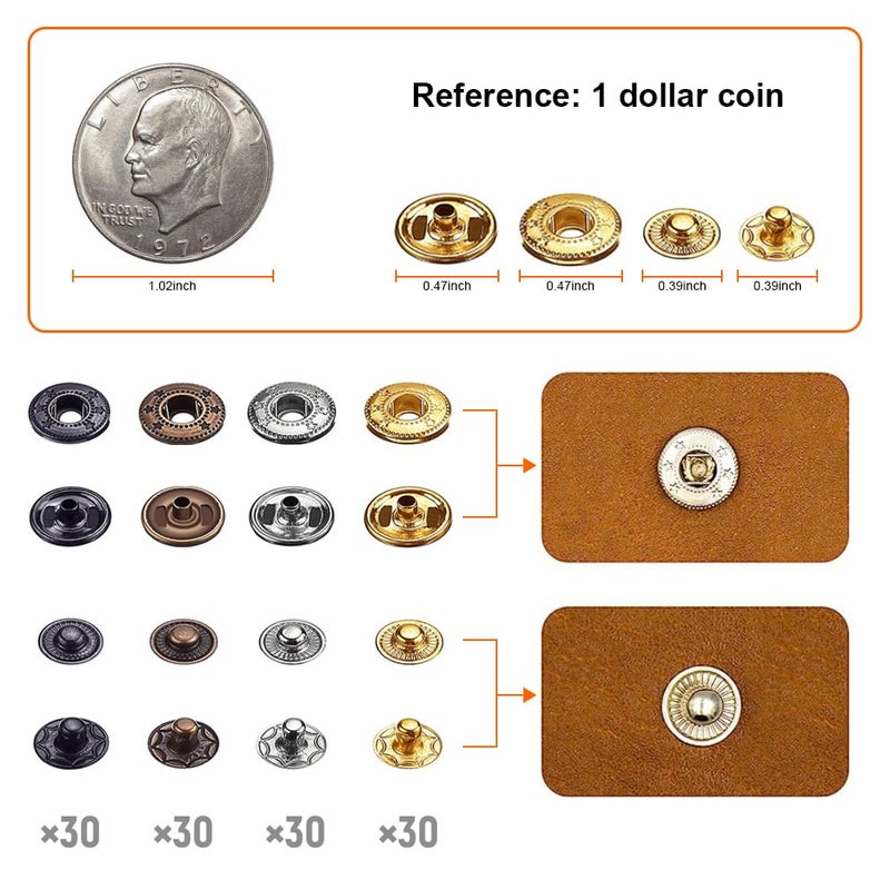 Qfun 120 Set Snap Fasteners Kit for Leather 12mm Metal Button Snaps Press Studs with 4 Setter Tools, 1 Hammer, 4 Color Leather Snaps for Clothes, Jackets, Jeans Wears, Bracelets, Bags - Image 2