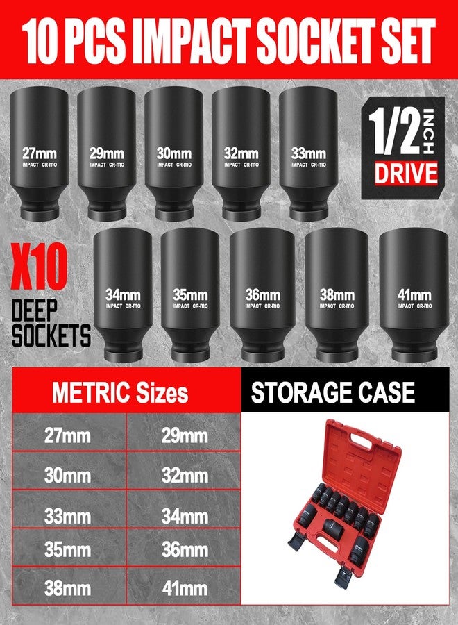 TONYNOL 1/2 Inch Drive Deep Impact Socket Set,10 PCS,6-Point,Metric Size(27mm to 41mm),Cr-Mo Steel,Heavy Duty Impact Socket Set,With a Storage Case - Image 2