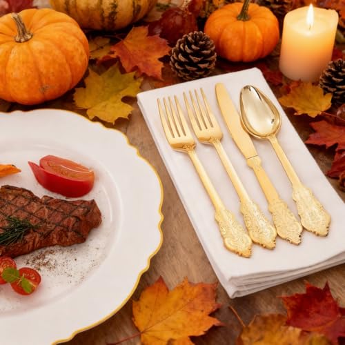 WDF 300 Pieces Gold Plastic Silverware Disposable - Heavy Duty Thanksgiving Plastic Cutlery - Gold Silverware Sets Includes 100 Forks, 100 Spoons, 100 Knives - Image 3