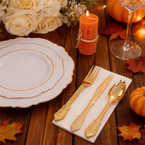 WDF 300 Pieces Gold Plastic Silverware Disposable - Heavy Duty Thanksgiving Plastic Cutlery - Gold Silverware Sets Includes 100 Forks, 100 Spoons, 100 Knives - Image 4