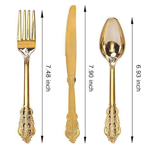 WDF 300 Pieces Gold Plastic Silverware Disposable - Heavy Duty Thanksgiving Plastic Cutlery - Gold Silverware Sets Includes 100 Forks, 100 Spoons, 100 Knives - Image 2