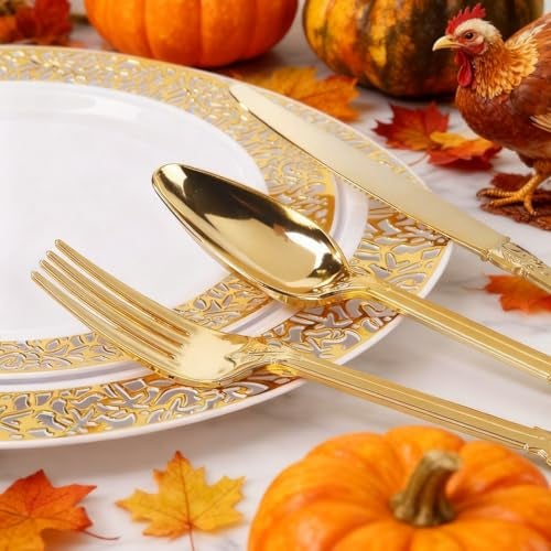 WDF 300 Pieces Gold Plastic Silverware Disposable - Heavy Duty Thanksgiving Plastic Cutlery - Gold Silverware Sets Includes 100 Forks, 100 Spoons, 100 Knives - Image 5