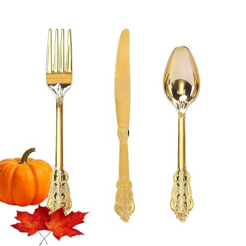 WDF 300 Pieces Gold Plastic Silverware Disposable - Heavy Duty Thanksgiving Plastic Cutlery - Gold Silverware Sets Includes 100 Forks, 100 Spoons, 100 Knives - Image 1
