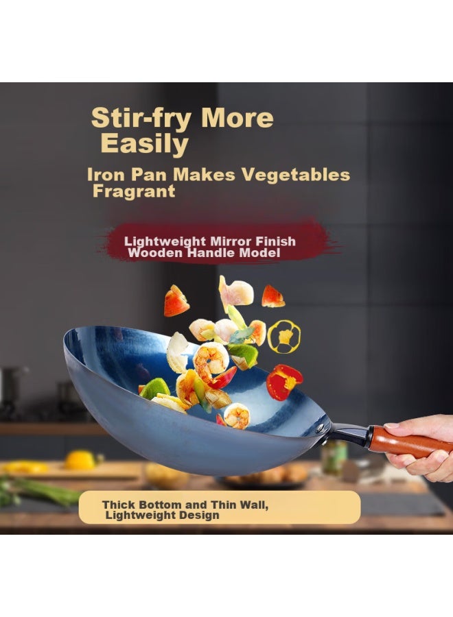 Gold Deposit Jin Cun Zhangqiu Wok Iron Pan Stir-fry Pan Non-coated Traditional Seasoned Iron Pan Mirror Finish Lightweight Model With Wooden Handle 32cm Pre-seasoned - Image 1
