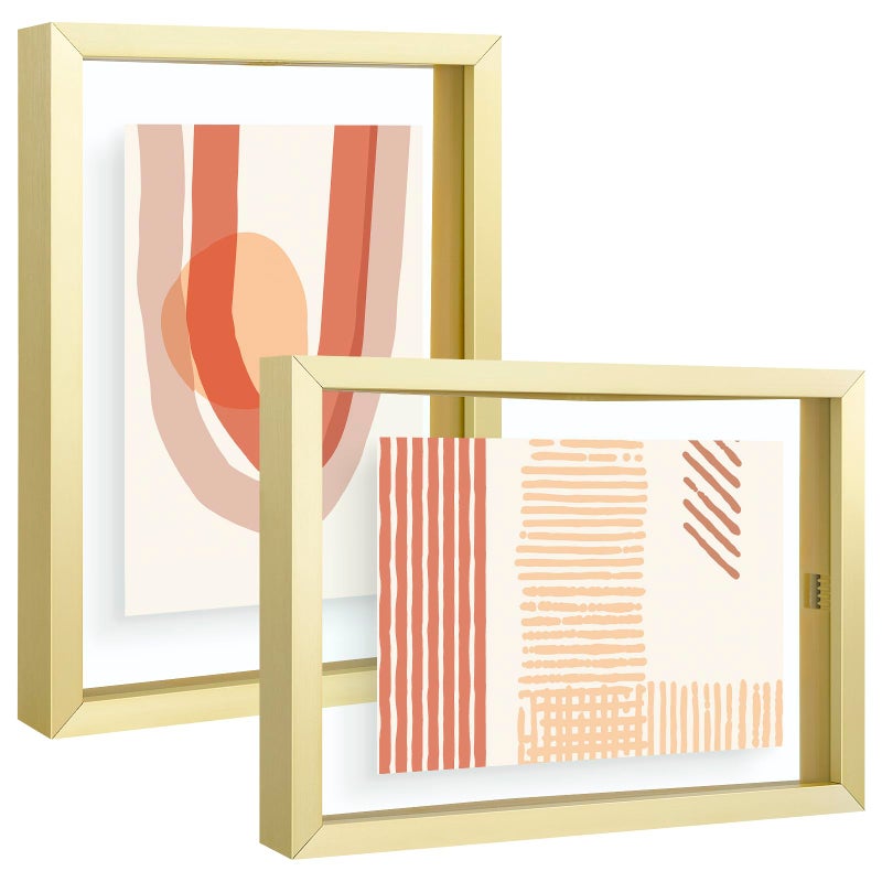 Frametory 5x7 Floating Picture Frame  Metal Photo Frame  Real Glass  for Wall Mount or Tabletop Displays Gold 2 Pack