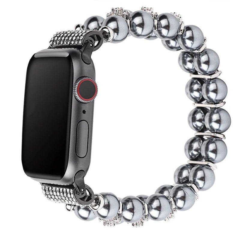 FITTO Natural Stone Beaded Bracelet Strap Compatible with Apple Watch 42/44mm – Black Women’s Replacement Band for Series SE/7/6/5/4/3/2/1 - Image 1