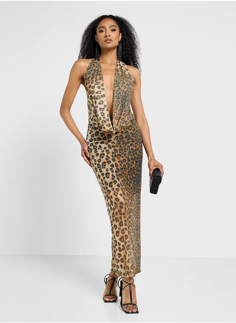 Ginger Halter Neck Backless Leopard Print Maxi Dress