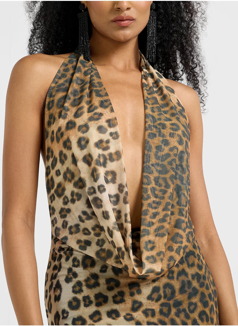 Ginger Halter Neck Backless Leopard Print Maxi Dress
