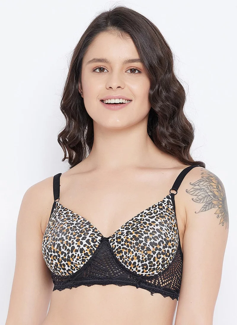Clovia Clovia Padded Non-Wired Full Cup Animal Print T-shirt Bra in Black - Lace