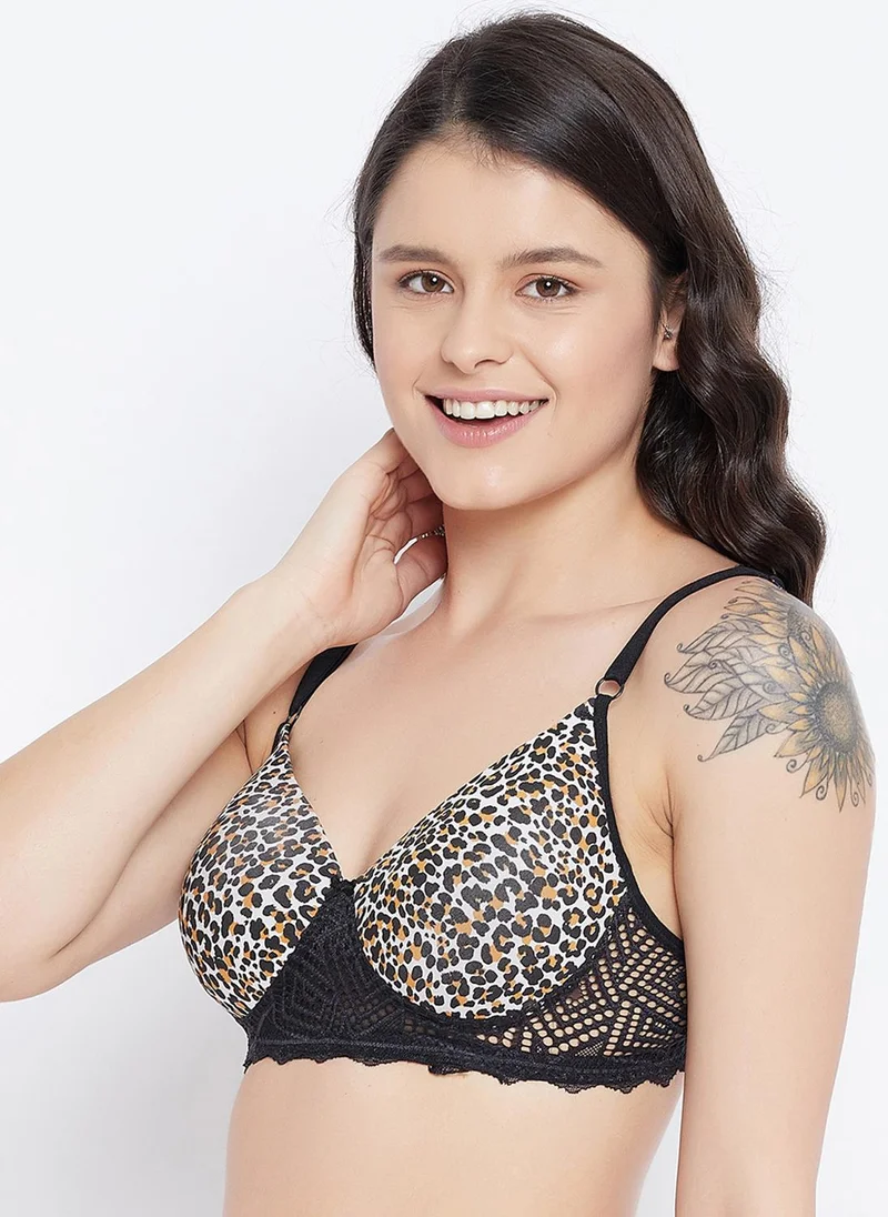 Clovia Black Clovia Padded Non-Wired Full Cup Animal Print T-shirt Bra in Black - Lace for Women | Best Price UAE