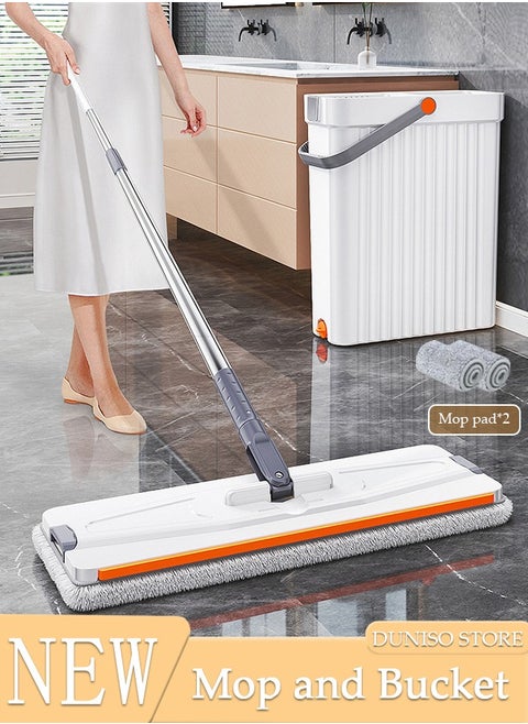 Home Mop and Bucket Set with 2 Pcs Reusable Microfiber Pads, Self-Separation Dirty and Clean Water System Self Wringing, Square Mop-Head for Hardwood Tile Marble Floors