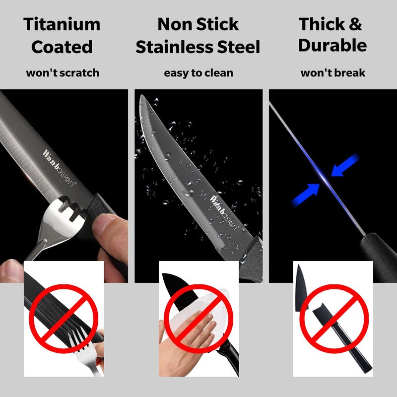Wanbasion Black Non Serrated Steak Knives Set, Steak Knife Set Dishwasher Safe, Sharp Steak Knives Set for Kitchen with Ergonomic Handles - Image 2