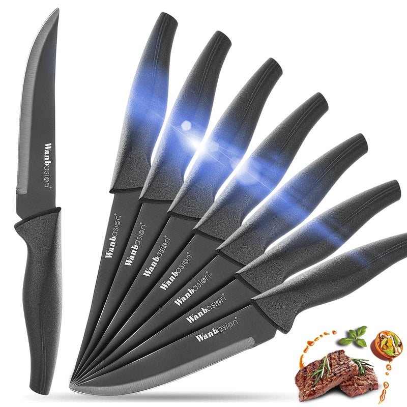 Wanbasion Black Non Serrated Steak Knives Set, Steak Knife Set Dishwasher Safe, Sharp Steak Knives Set for Kitchen with Ergonomic Handles - Image 1