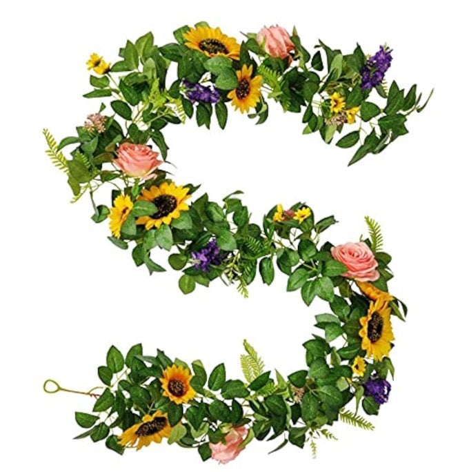 HANDCRAFTED REAL TOUCH FLOWER ROSES SUNFLOWERS GARLAND 623FT ARTIFICIAL FOLIAGE GREENERY VINE WITH MIXED FLOWERS FOR TABLE RUNNER WEDDING ARCH BACKDROP CENTERPIECES PHOTO BOOTH YELLOW