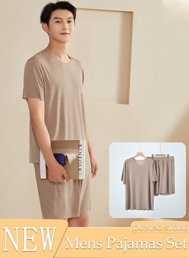 DUNISO Men's Pajamas Set Short Sleeve Summer Relaxed Pajamas Round Neck High Elastic Breathable Thin Pajamas Set - Image 1
