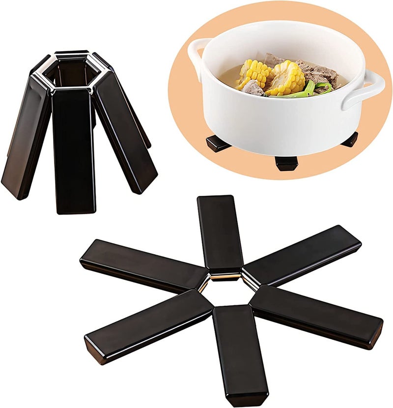 Cazuela Cazuela Folding Hot Pot Trivet Non Slip Silicone Heat Resistant Modern PVC Insulated Dining Table Flower Shaped Expandable Teapot Kitchen & Restaurant Pot Table Holder Ware (Black) (6)  - Image 1