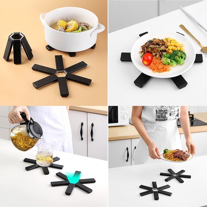 Cazuela Cazuela Folding Hot Pot Trivet Non Slip Silicone Heat Resistant Modern PVC Insulated Dining Table Flower Shaped Expandable Teapot Kitchen & Restaurant Pot Table Holder Ware (Black) (6)  - Image 4