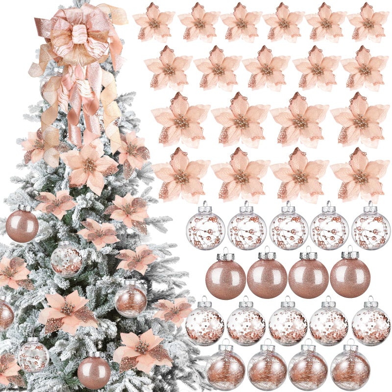 Canlierr 49 Pcs Rose Gold Christmas Tree Decoration Set Tree Topper Bow 24 Pcs Christmas Glitter Artificial Poinsettia Flowers and 236 Inch Xmas Ball Ornaments for Xmas Party Holiday Decor