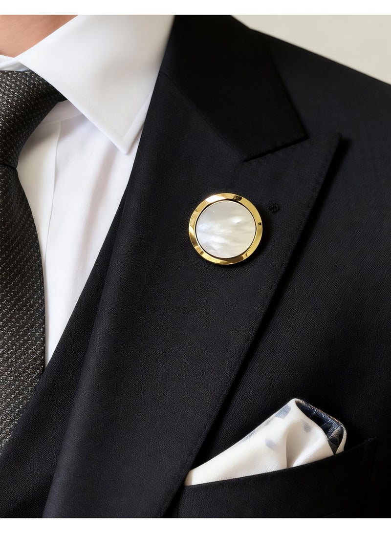 HomeNoor Classic Mother of Pearl Brooch, Gold Round Lapel Pin, Premium Suit Accessory for Business, Wedding, Formal & Casual Wear, Perfect Gift for Men & Women - Image 1