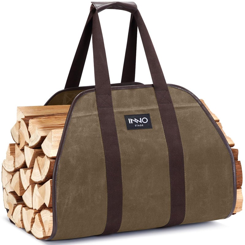 INNOSTAGE Firewood Log Carrier Tote Bag 40X19 Endless Hay Hauling of Fireplace Wood Stove Accessories for Outdoor Camping Khaki