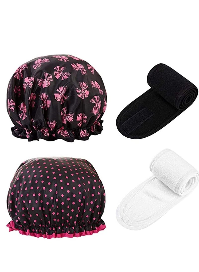 إسكدنيا KASTWAVE 2 Pack Shower Cap Lined Double Layer Elastic Band Waterproof for Long and Curly Hair Women + 2Pcs Spa Facial Headband Reusable Bathing Washing Face, Makeup - Image 1