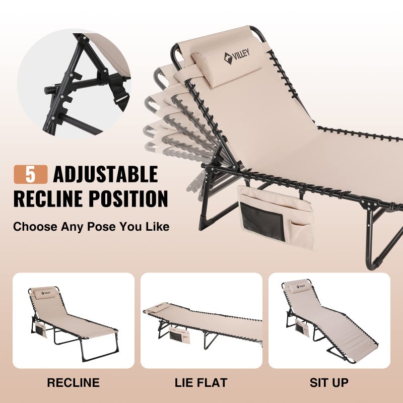VILLEY Oversized Chaise Lounge Chair, Heavy-Duty Folding Outdoor Lounge Chair with 5 Adjustable Positions, Portable Trifold Beach Lounger for Patio, Beach, Lawn, Backyard, Camping â€“ Beige - Image 2