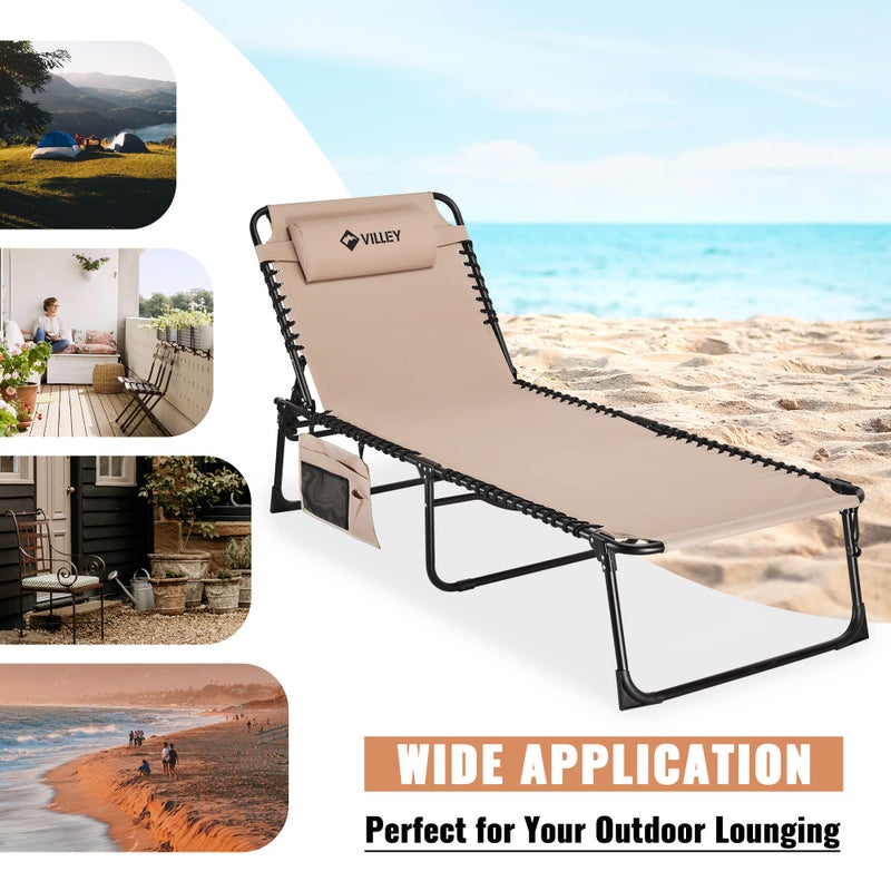 VILLEY Oversized Chaise Lounge Chair, Heavy-Duty Folding Outdoor Lounge Chair with 5 Adjustable Positions, Portable Trifold Beach Lounger for Patio, Beach, Lawn, Backyard, Camping â€“ Beige - Image 5