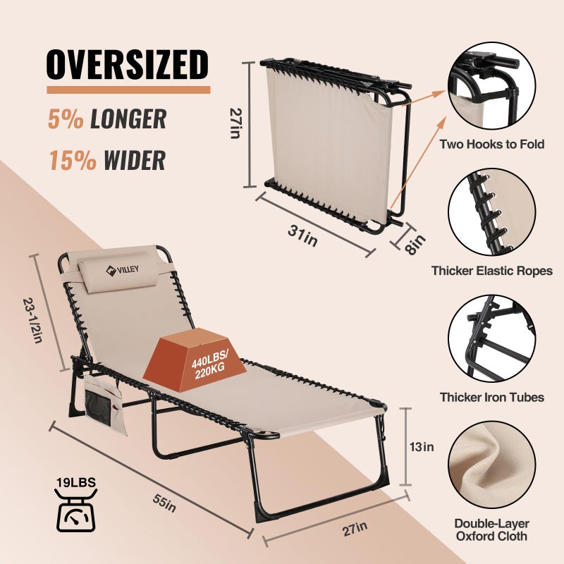 VILLEY Oversized Chaise Lounge Chair, Heavy-Duty Folding Outdoor Lounge Chair with 5 Adjustable Positions, Portable Trifold Beach Lounger for Patio, Beach, Lawn, Backyard, Camping â€“ Beige - Image 4