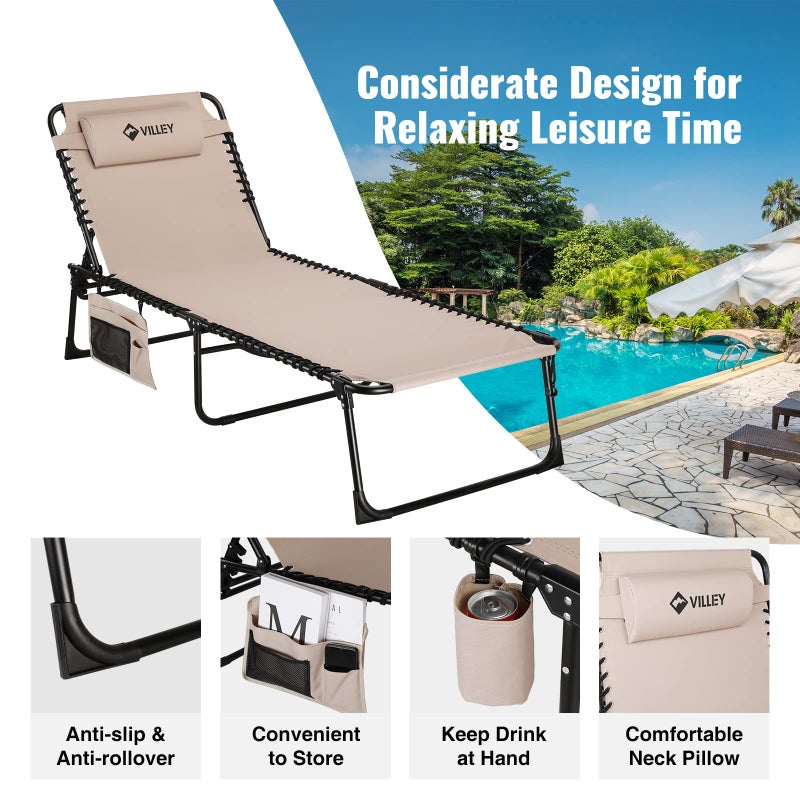 VILLEY Oversized Chaise Lounge Chair, Heavy-Duty Folding Outdoor Lounge Chair with 5 Adjustable Positions, Portable Trifold Beach Lounger for Patio, Beach, Lawn, Backyard, Camping â€“ Beige - Image 3